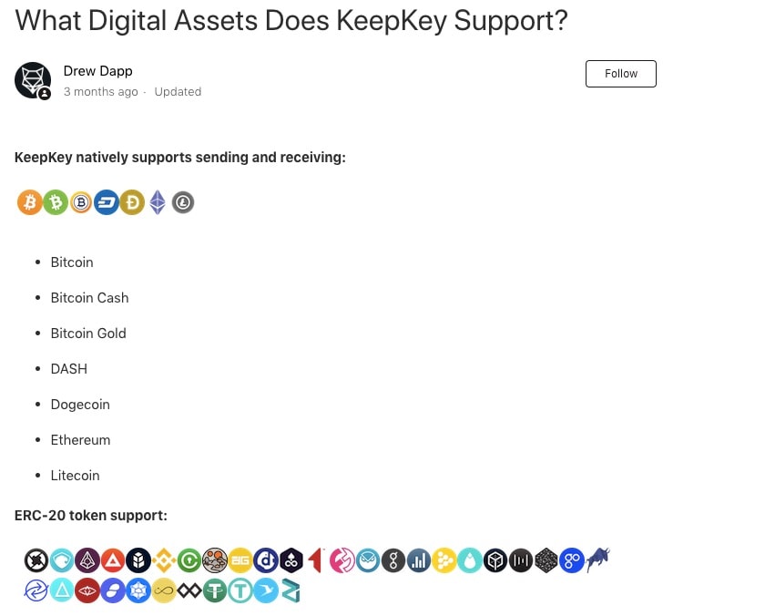 Nieuwste lijst met door KeepKey ondersteunde cryptocurrencies.